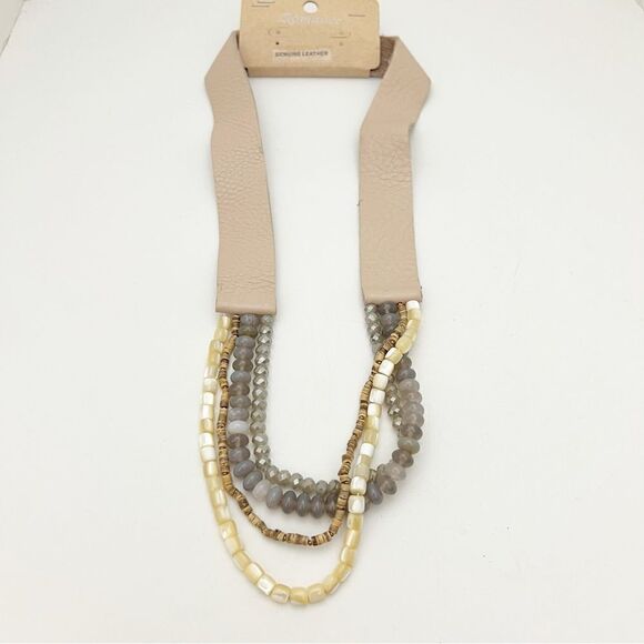 Multi Layered Semi Precious Stone Beaded Leather Strap Necklace, Tan/Grey - Picture 4 of 6